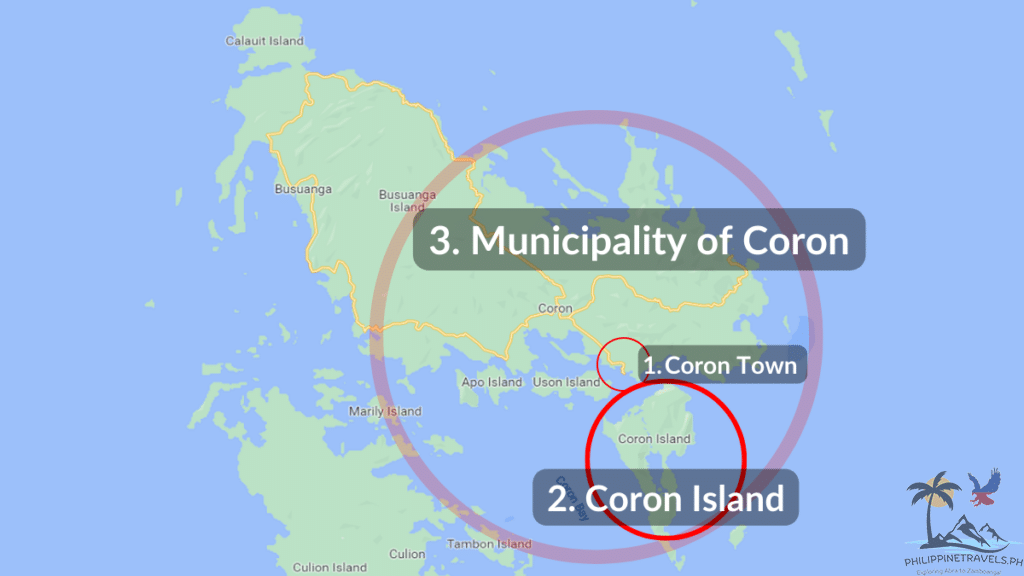 Map showing the difference between Coron town, Coron Island, and the Municipality of Coron
