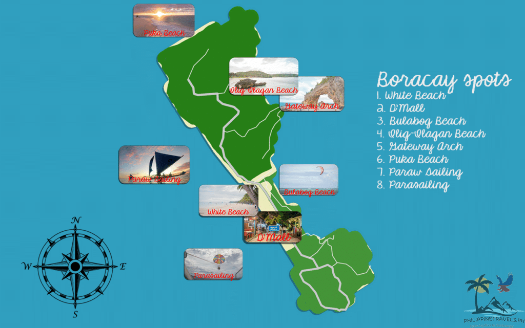 Map showing the tourist spots in Boracay