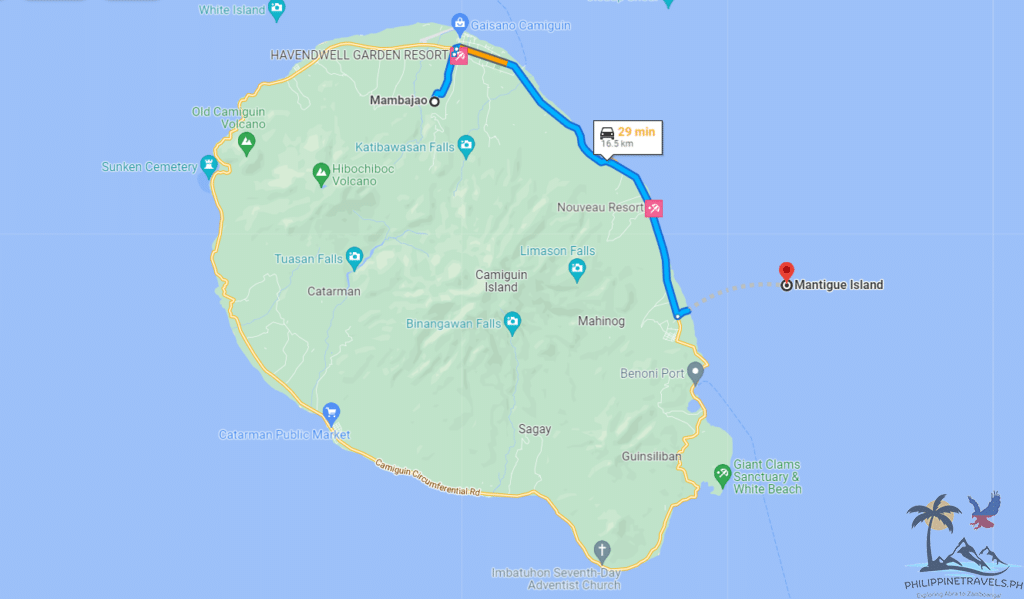 Map showing how to get to mantigue from mambajao