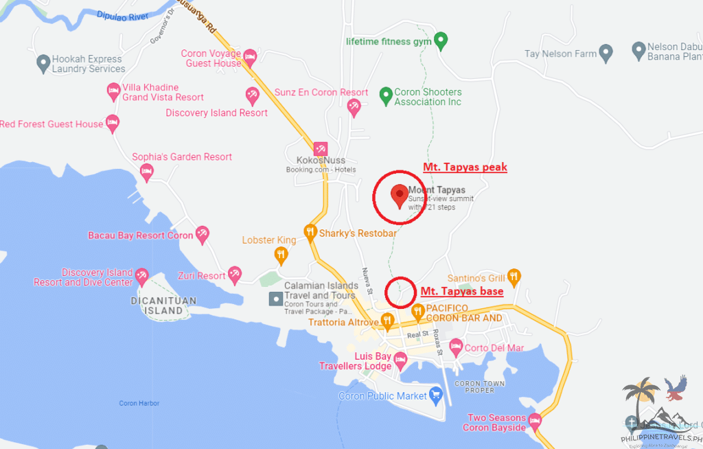 Map showing where mt tapyas base and summit are