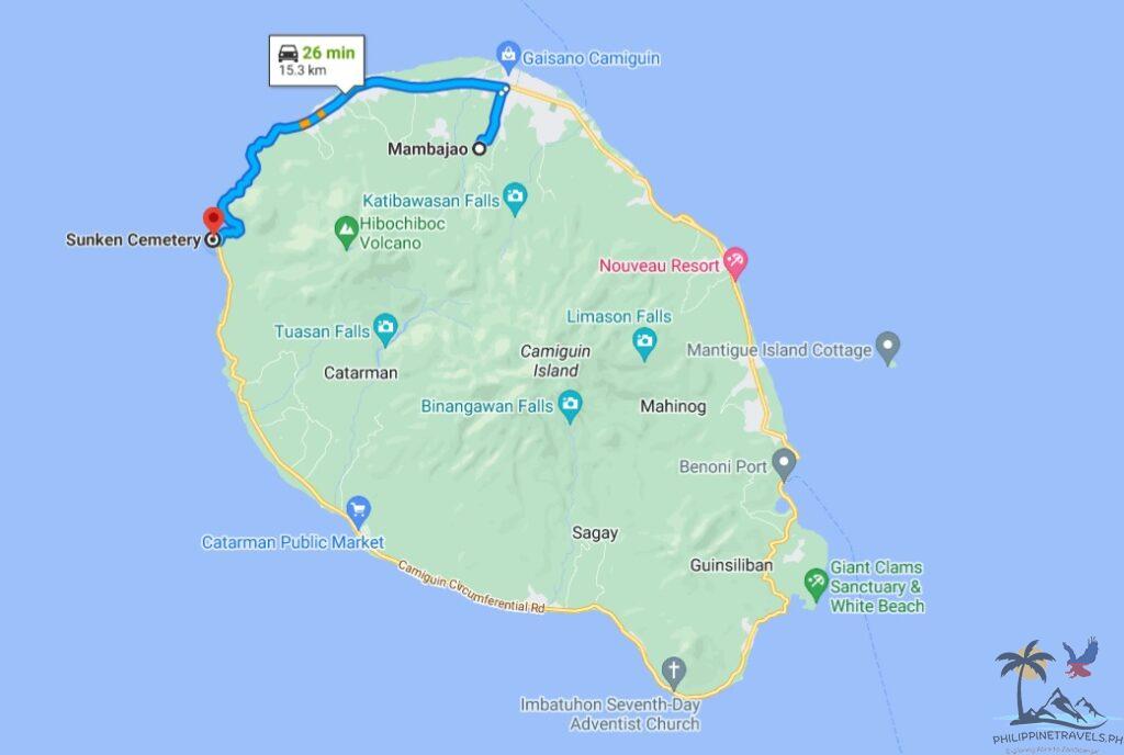 Map showing how to get from mambajao to sunken cemetery