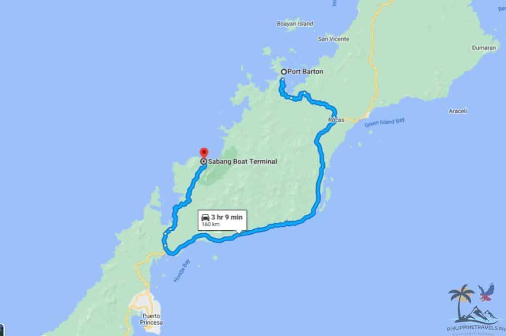 Port Barton to Sabang on Google Maps